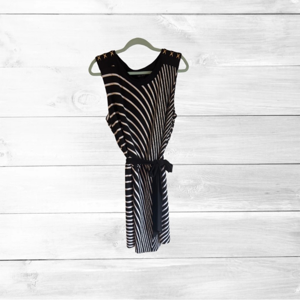 White House Blk Market NWT striped, black, white, gold,sleeveless dress,belted
